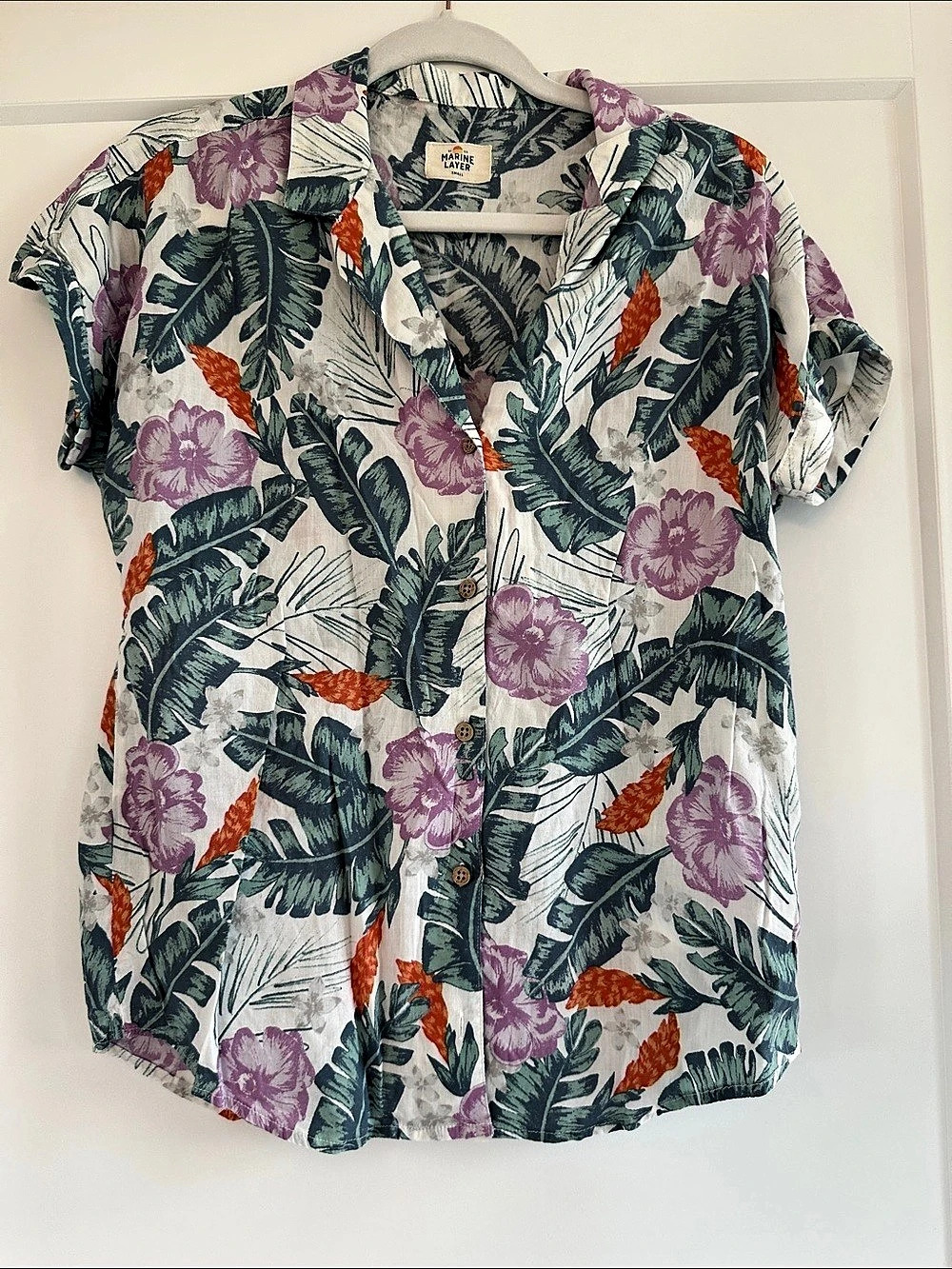Marine Layer Floral Button Down Shirt in White & Green Like New